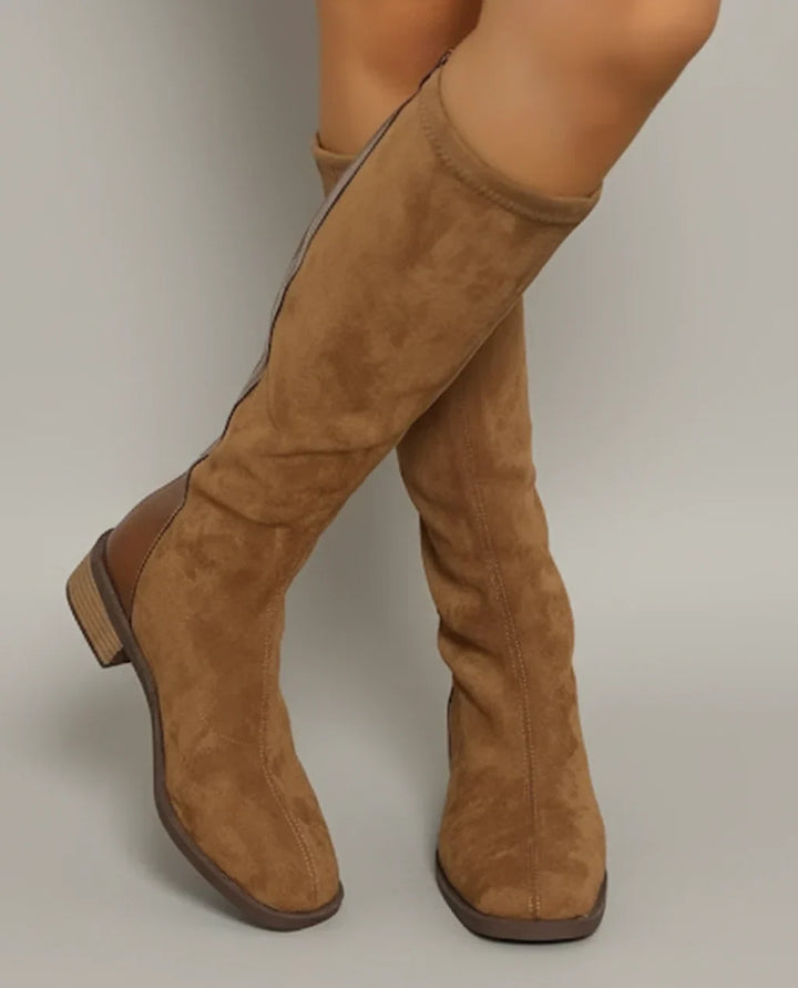 Tan Suede Knee High Boots for Women with Block Heel