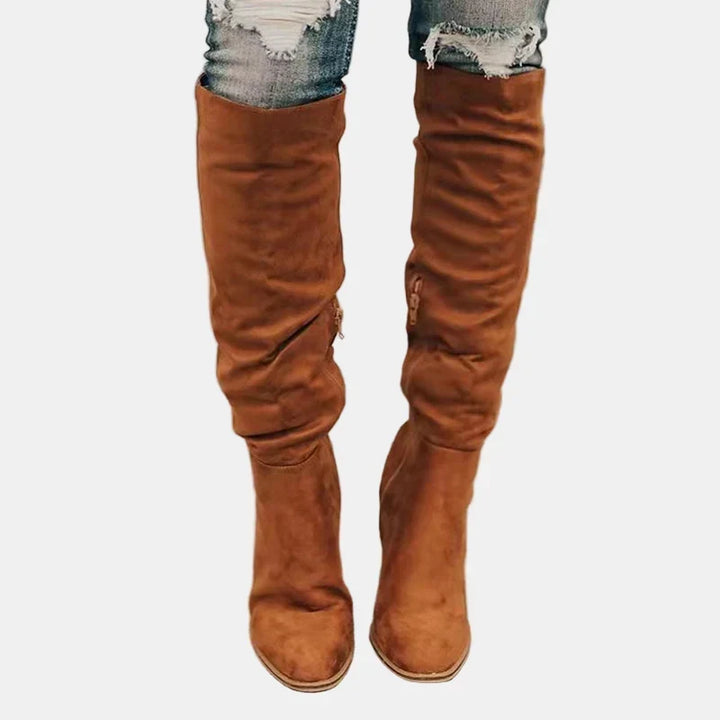 Knee High Boots for Women Slouchy Suede Block Heel Pointed Toe
