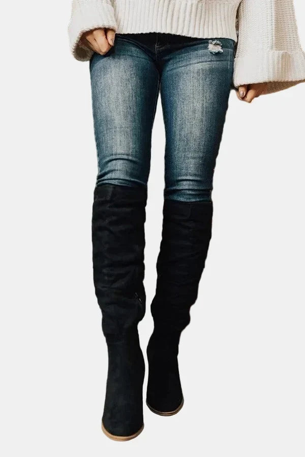 Knee High Boots for Women Slouchy Suede Block Heel Pointed Toe