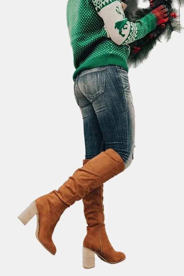 Knee High Boots for Women Slouchy Suede Block Heel Pointed Toe