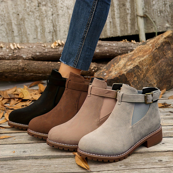 Suede Chelsea Boots for Women with Chunky Sole and Buckle Detail