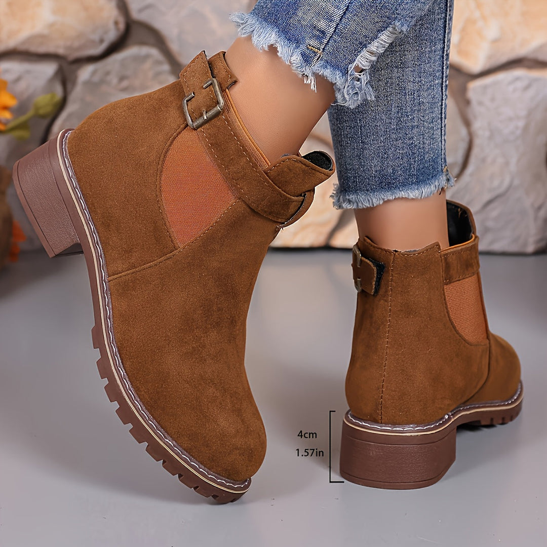 Suede Chelsea Boots for Women with Chunky Sole and Buckle Detail