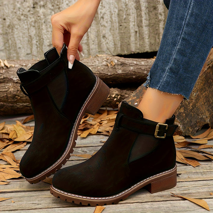 Suede Chelsea Boots for Women with Chunky Sole and Buckle Detail