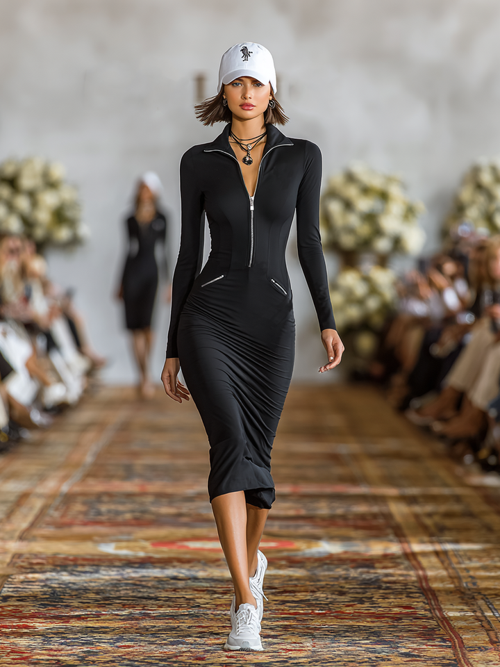 Cotton Midi Dress with Zipper and Collar for Women
