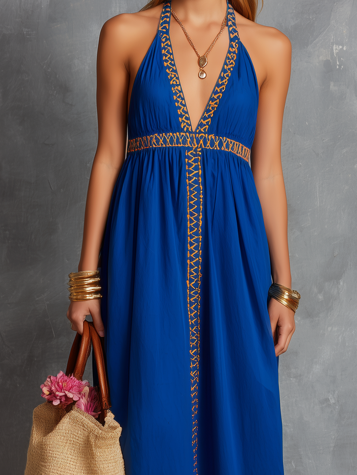 Blue Linen Dress for Women V-Neck Sleeveless Embroidered Camisole