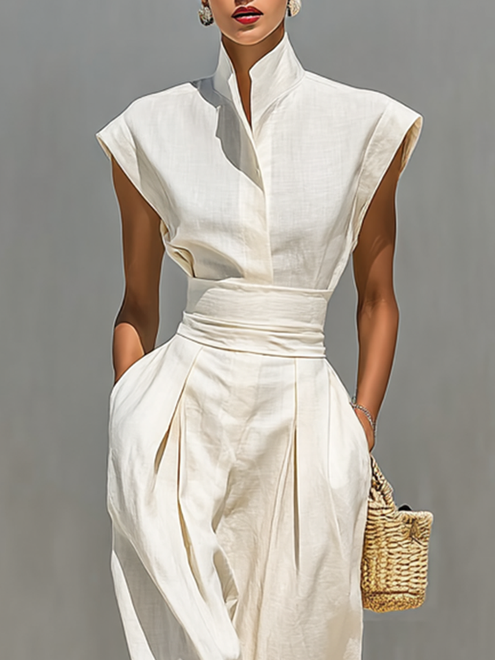 Cotton Maxi Dress with Lapel Collar and Cap Sleeves
