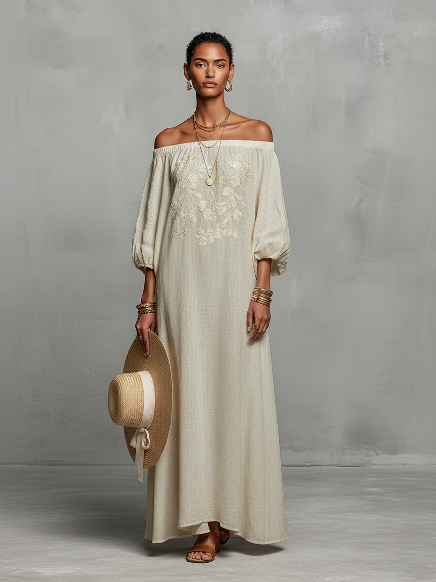 Off Shoulder Maxi Dress with Embroidery and Three Quarter Sleeves