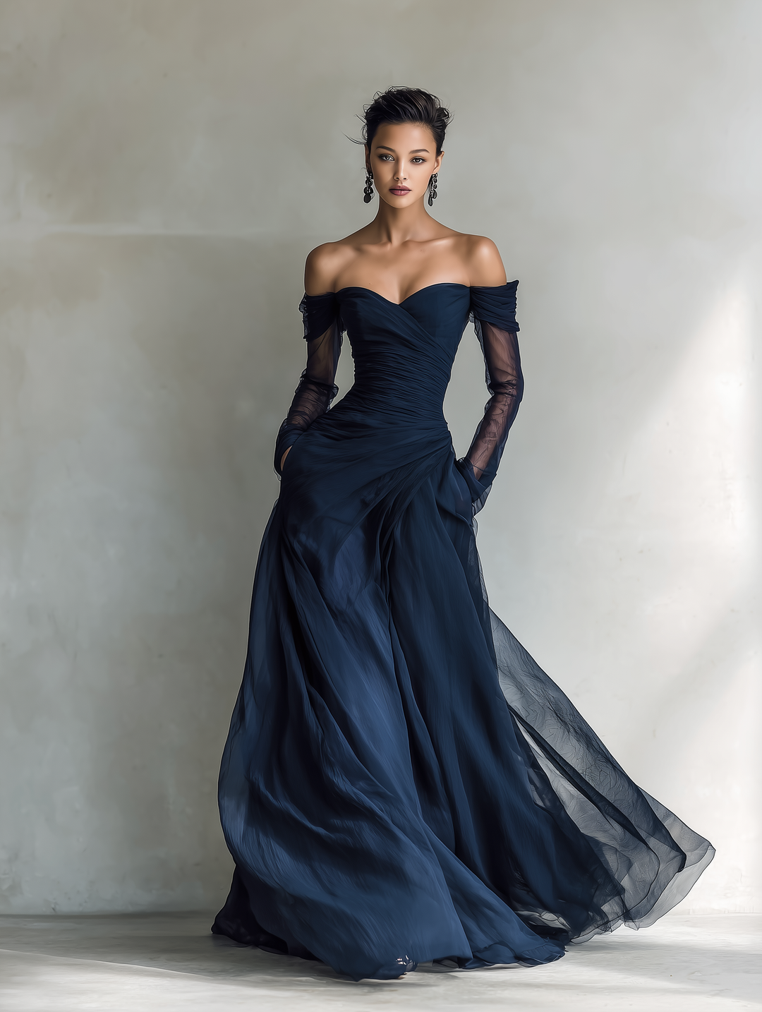 Off Shoulder Maxi Dress in Dark Blue Chiffon for Special Occasions