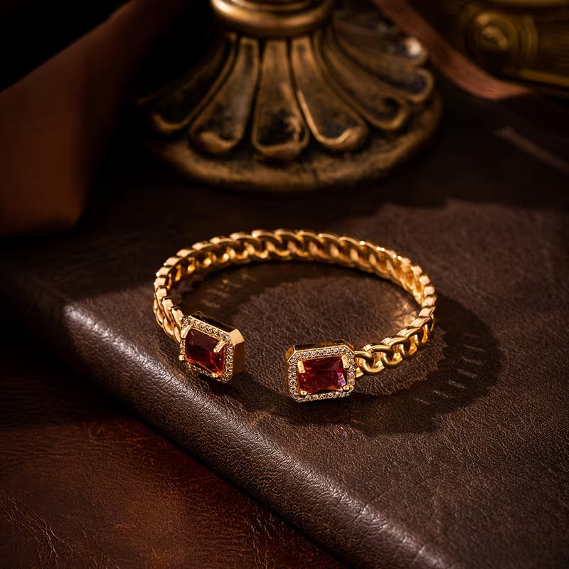 Gold Open Cuff Bracelet | Modern Minimalist Ruby Accent Bangle