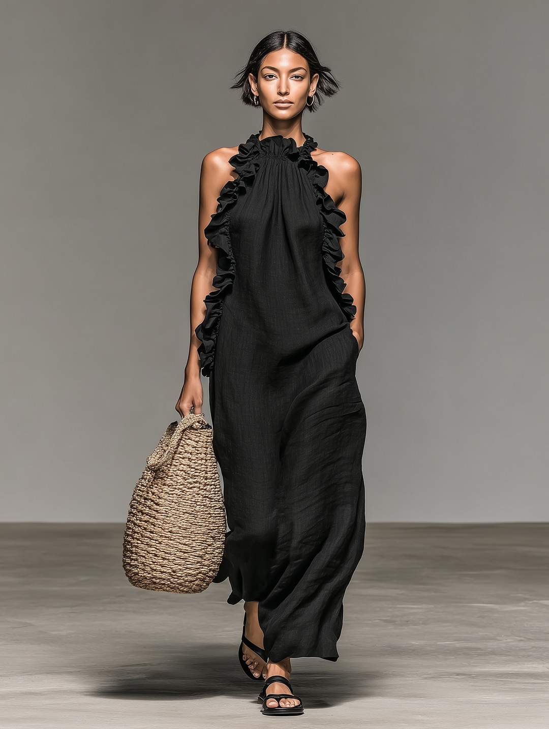 Linen Maxi Dress with Ruffle Detail for Women