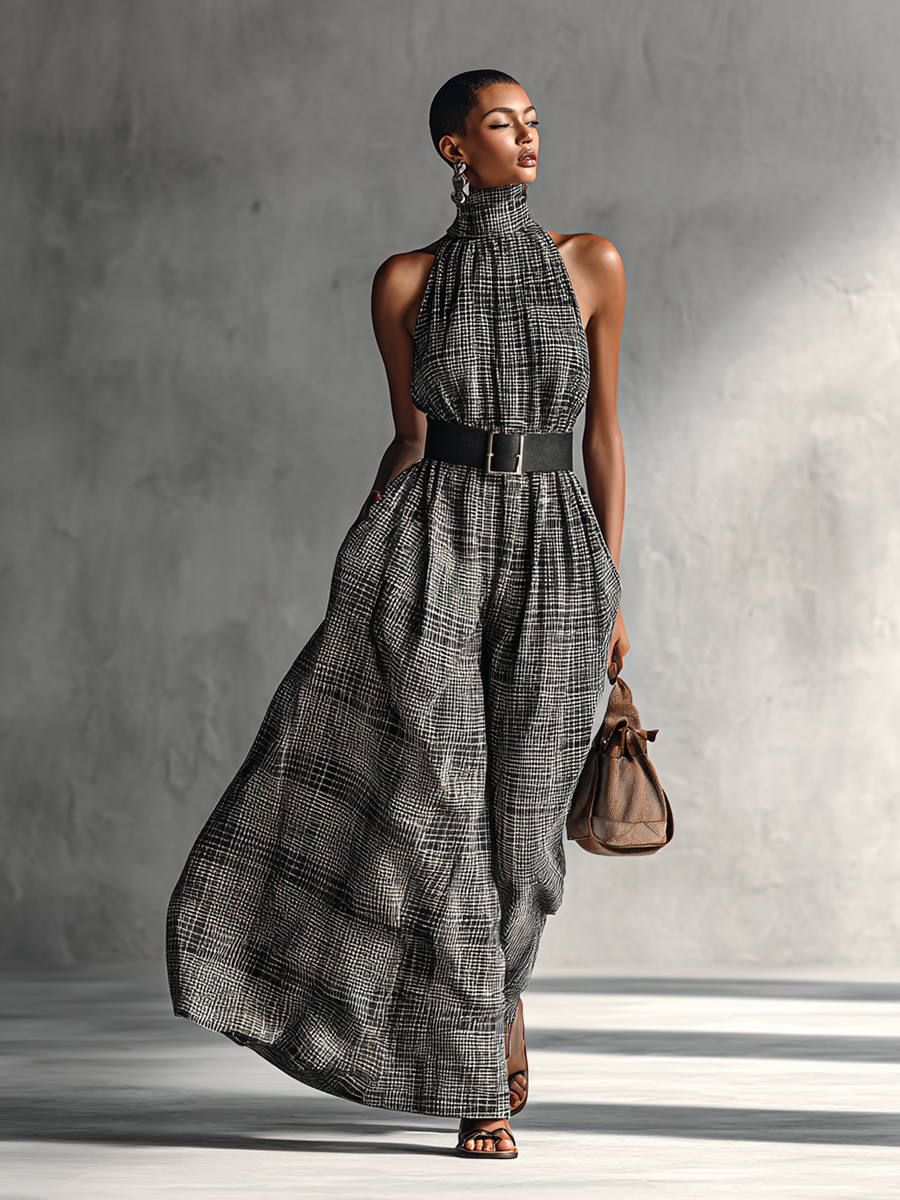 Plaid Maxi Dress with Belt and High Collar for Women
