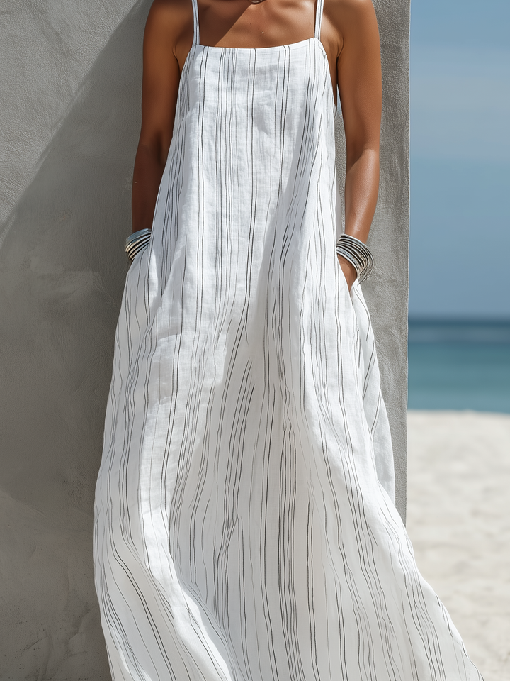 Sleeveless Striped Maxi Dress for Women - White Vertical Stripe Long Dress