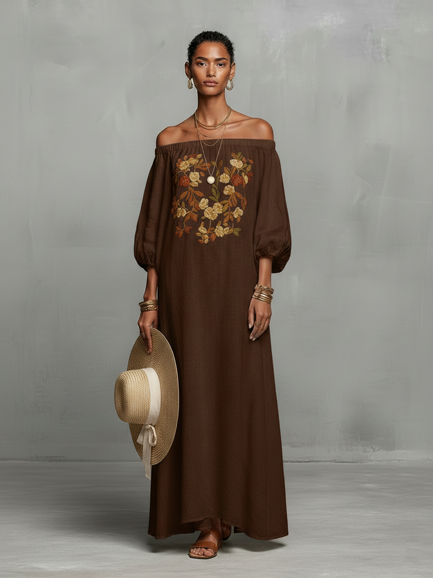 Off Shoulder Maxi Dress with Embroidery and Three Quarter Sleeves