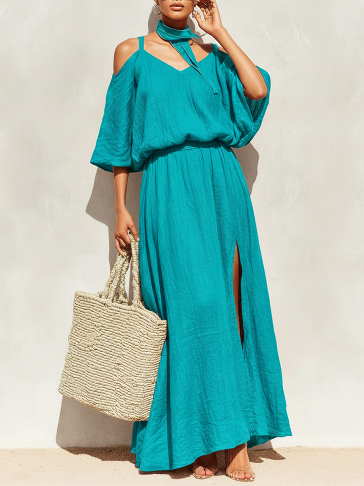 Linen Maxi Dress with Cold Shoulder Sleeves - Teal Resort Dress