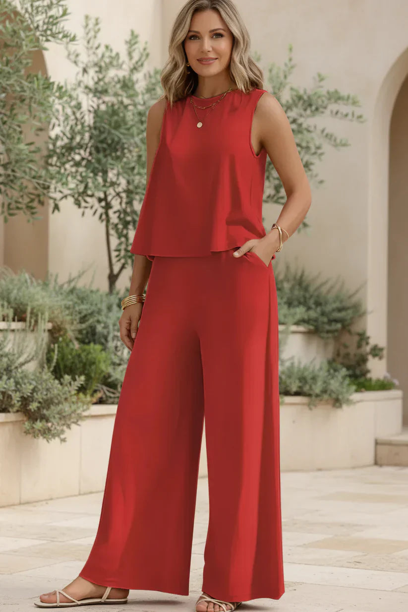 Two Piece Set for Women - Sleeveless Top and High Waisted Pants