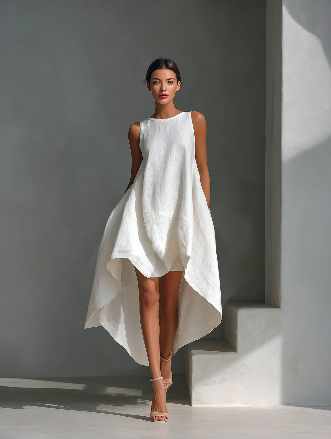 White Linen Midi Dress Sleeveless with Asymmetric Hem