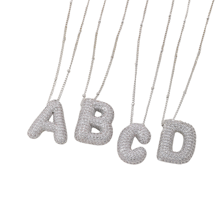 Initial Necklace Set White Gold - Personalized Bubble Letter Pendant