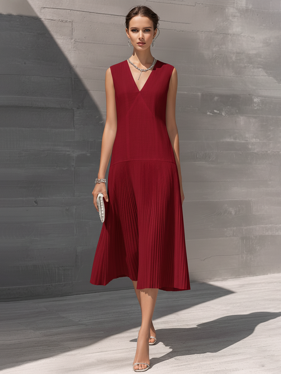 Burgundy Midi Dress with V-Neck and Pleated Skirt