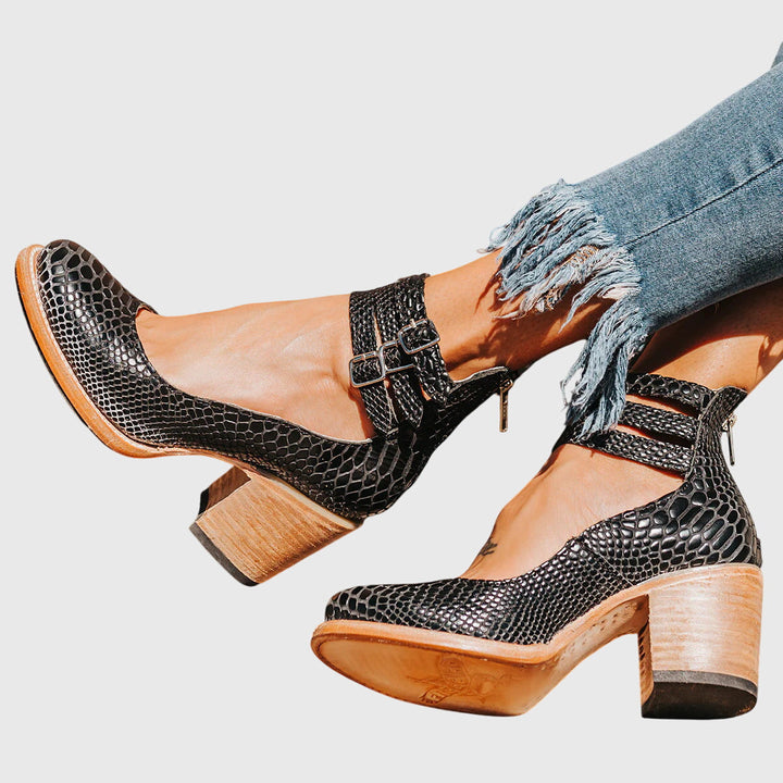 Women's Cutout Ankle Boots with Buckle Straps and Block Heel