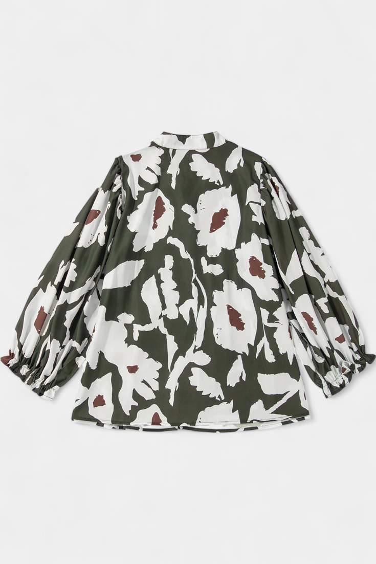 Puff Sleeve Blouse with Abstract Floral Print - Relaxed Fit Top