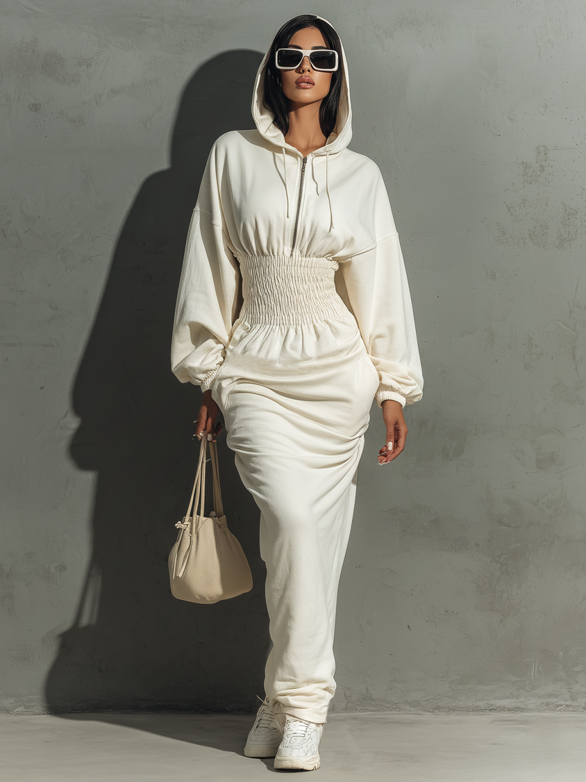Hooded Sweatshirt Maxi Dress with Waist Detail for Women