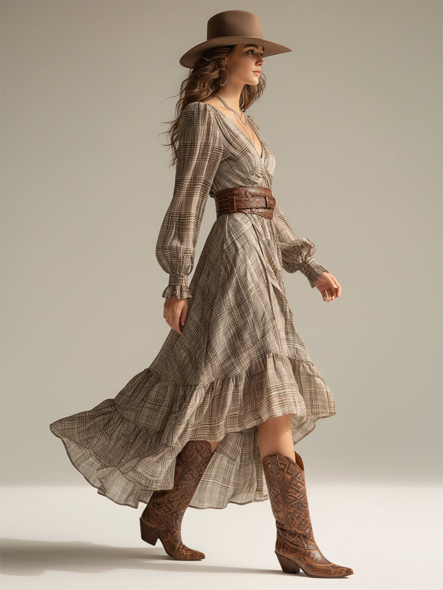 Plaid Midi Dress with Ruffles - Flowy Chiffon Bohemian Style