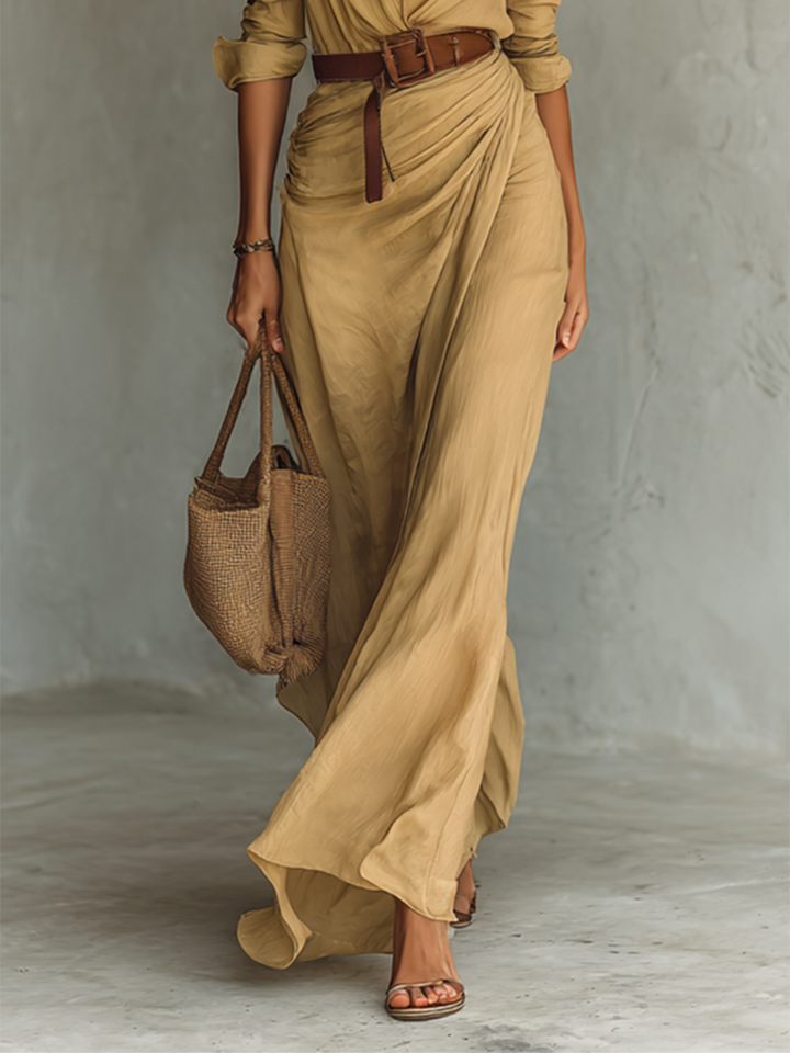 Belted Maxi Dress with Lapel Collar and Long Sleeves