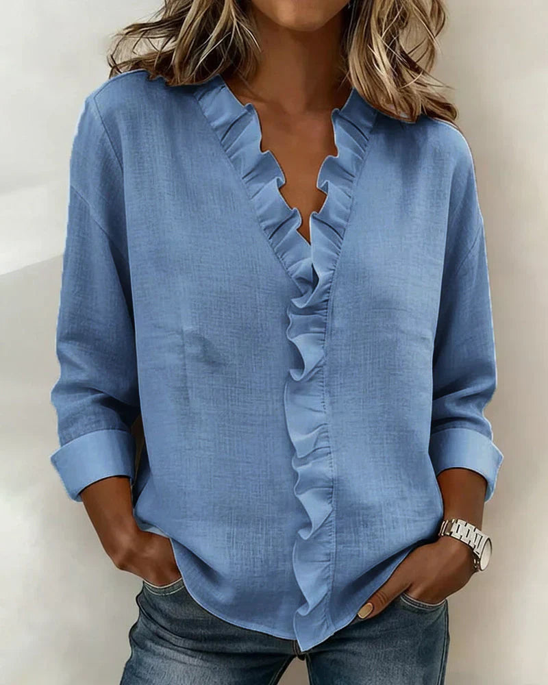 Ruffled V-Neck Blouse with Long Sleeves for Women
