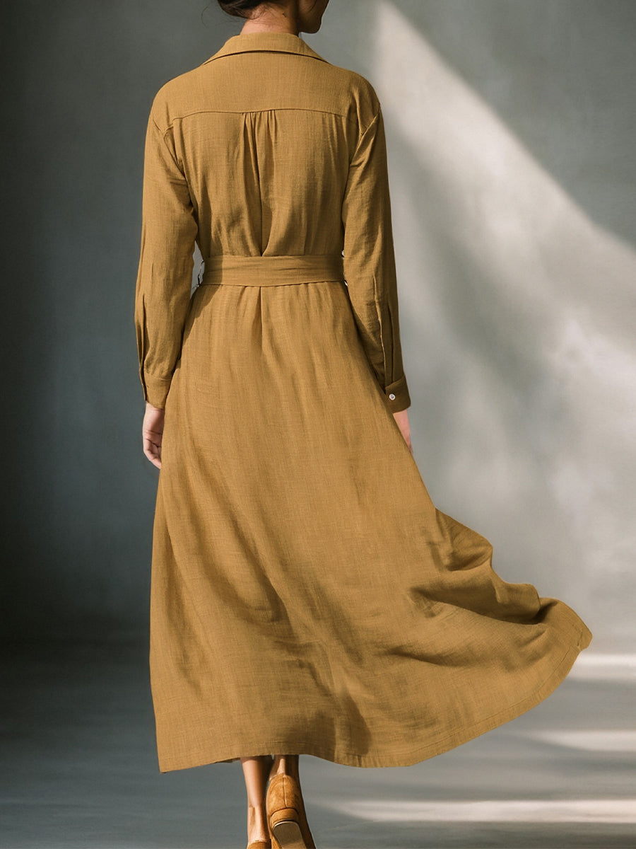 Mustard Linen Midi Shirt Dress with Belt for Women