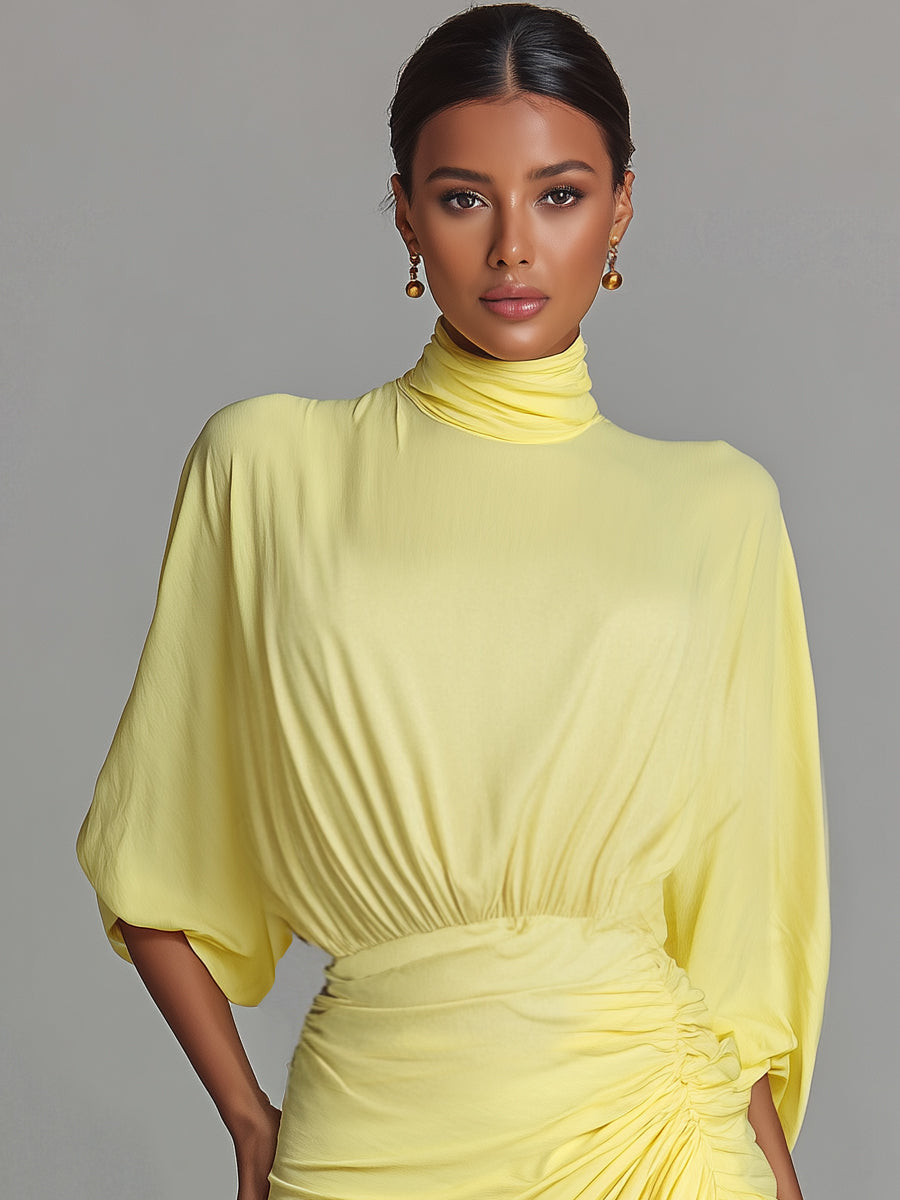 Yellow Maxi Dress for Women - Flowy V-Neck Long Sleeve
