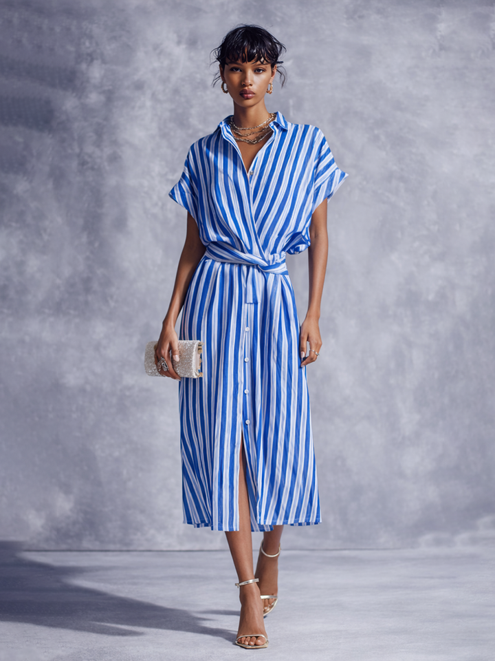 Striped Midi Wrap Dress with Belt - Cotton Linen Shirt Dress