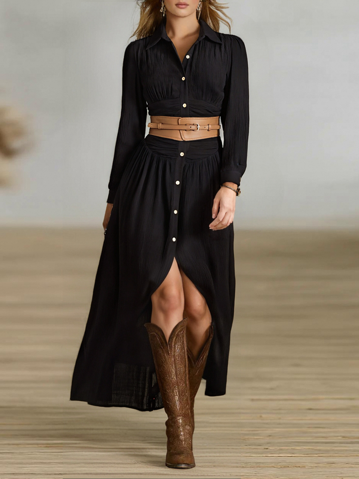 Long Sleeve Maxi Dress with Button Front and Pleated Detail