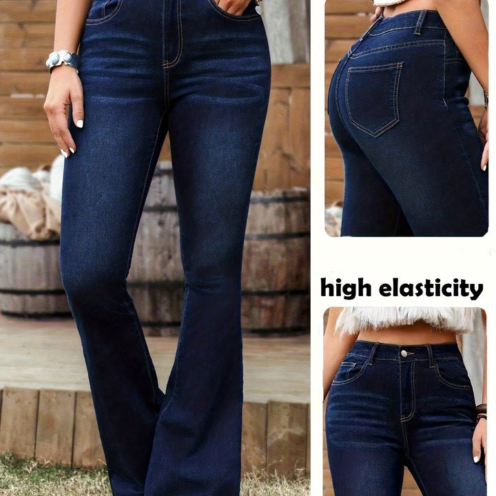 High Waisted Flare Jeans for Women Dark Blue Stretch Denim