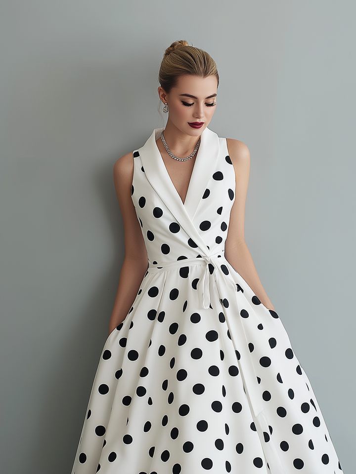 Polka Dot Midi Dress - Sleeveless Collared Work Dress