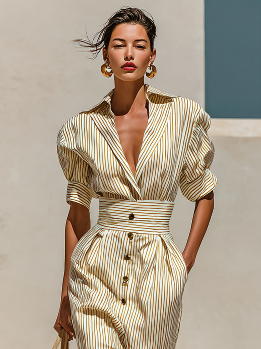 Striped Midi Dress with Collar and Short Sleeves