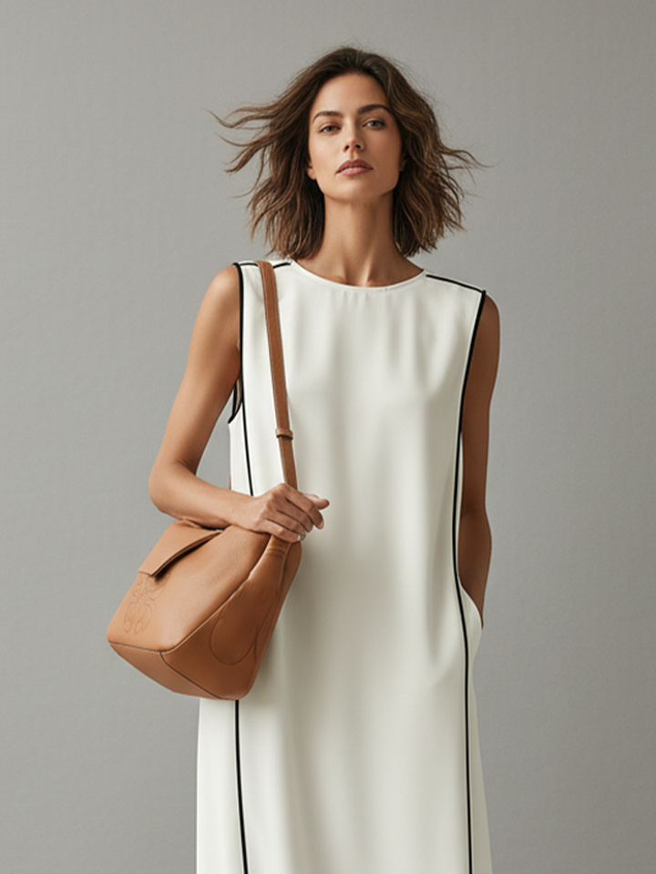 White Cotton Midi Dress with Contrast Piping and Pockets