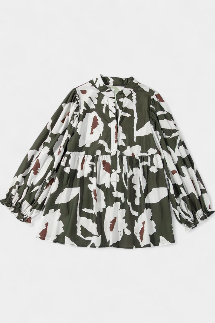 Puff Sleeve Blouse with Abstract Floral Print - Relaxed Fit Top