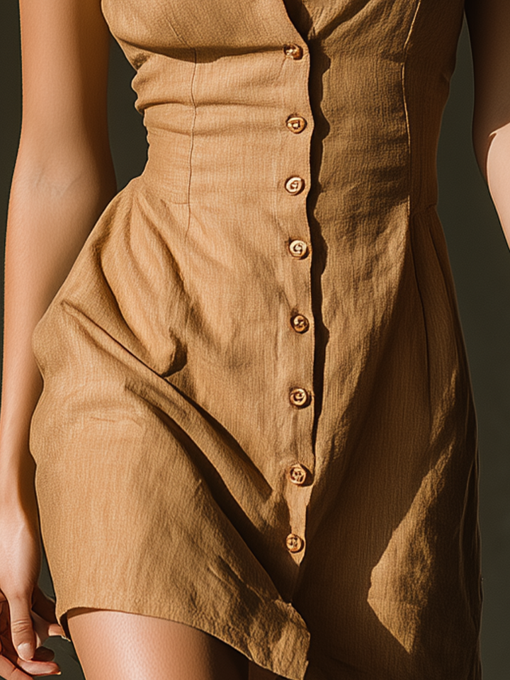 Linen Shirt Dress Sleeveless Button Front Mini Dress Camel