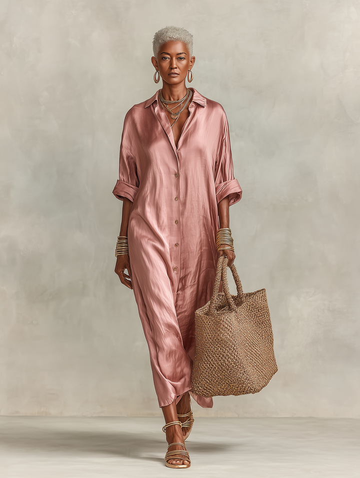 Maxi Shirt Dress for Women - Minimalist Button Front Long Dress