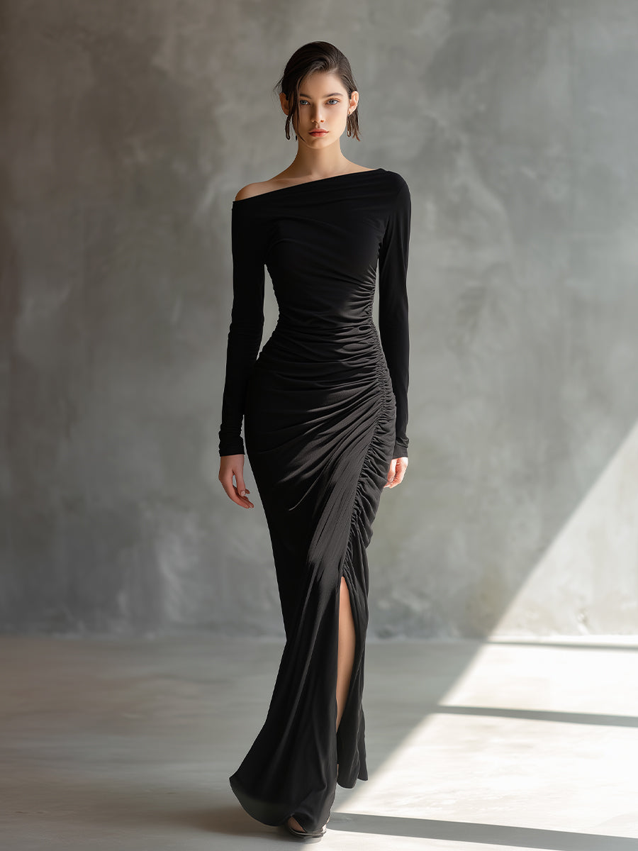 Black Off Shoulder Maxi Dress with Ruched Detailing and Slit