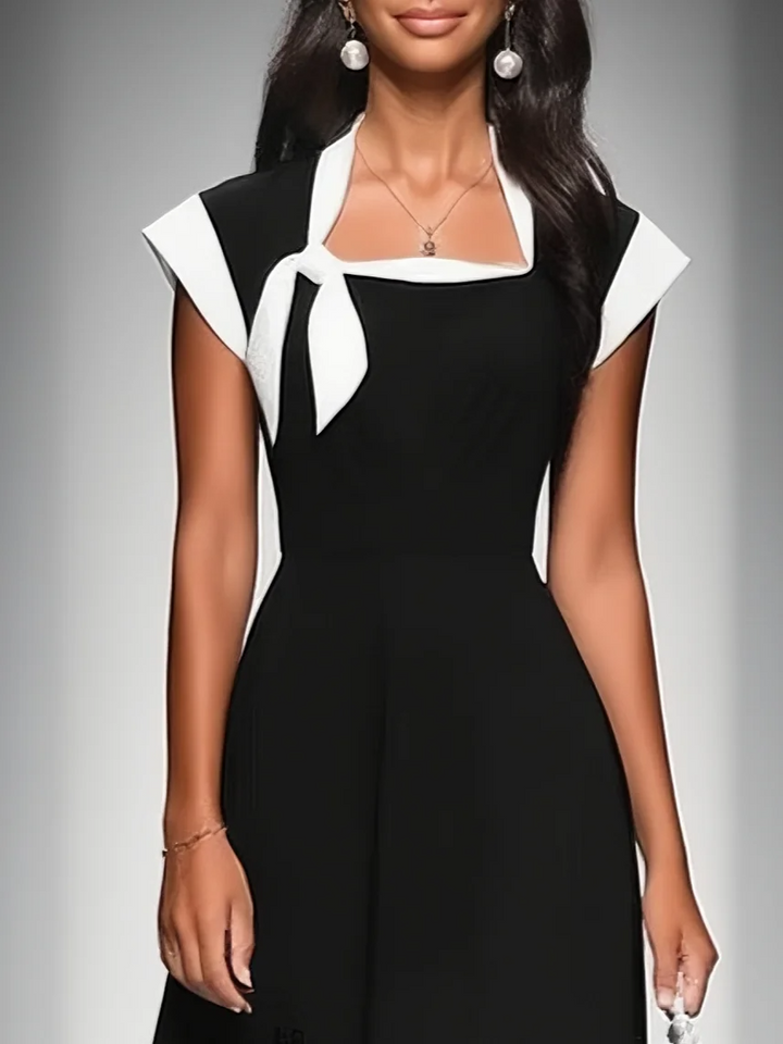 Colorblock Midi Dress with Square Neck and Cap Sleeves