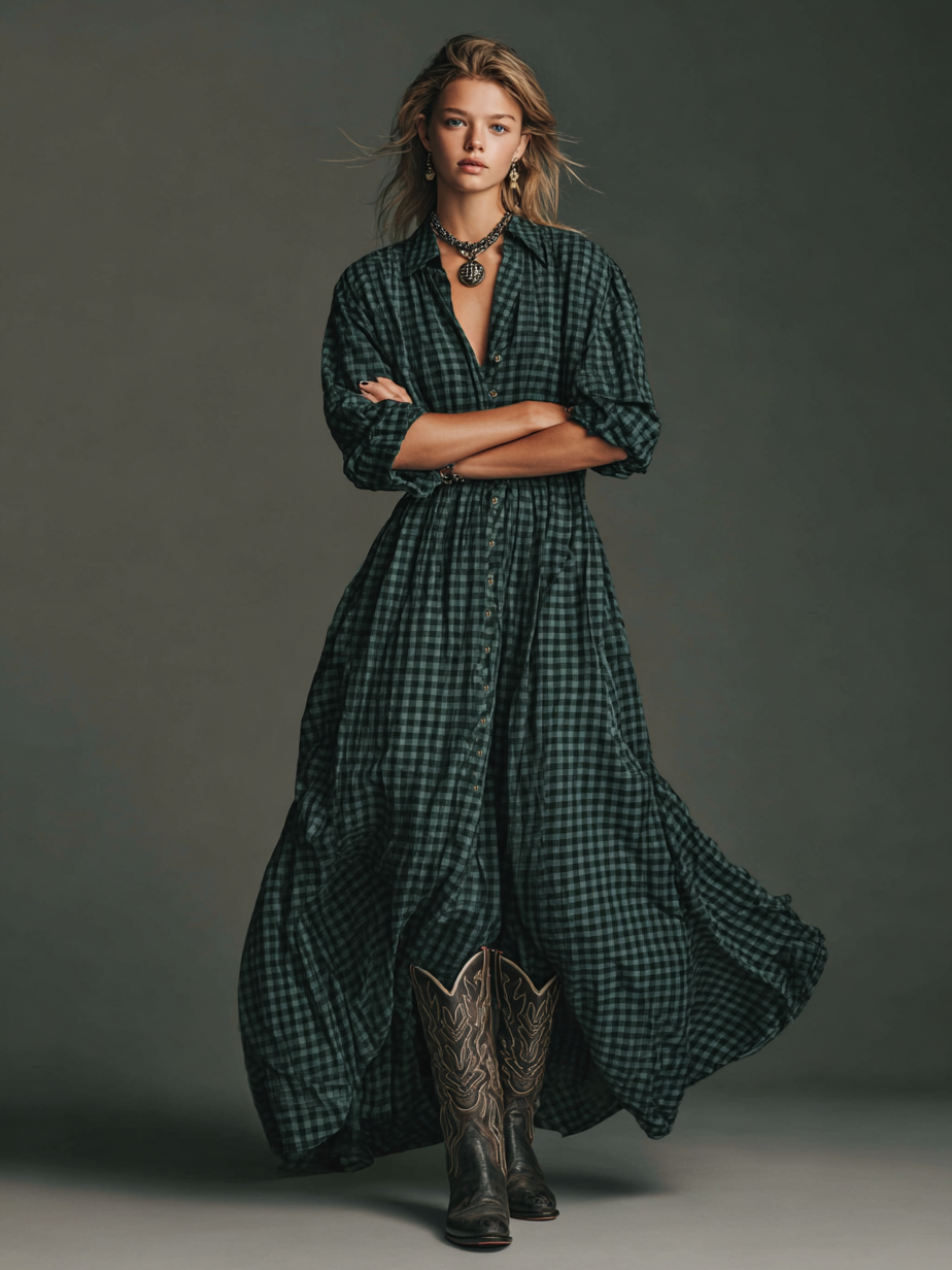 Plaid Shirt Dress Maxi Length Long Sleeve Button Front