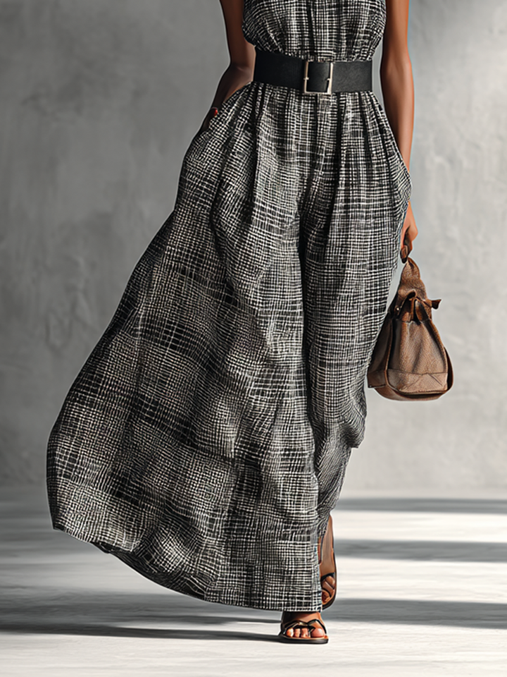 Plaid Maxi Dress with Belt and High Collar for Women