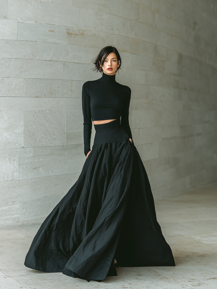 Black Turtleneck Crop Top and Maxi Skirt Set for Women
