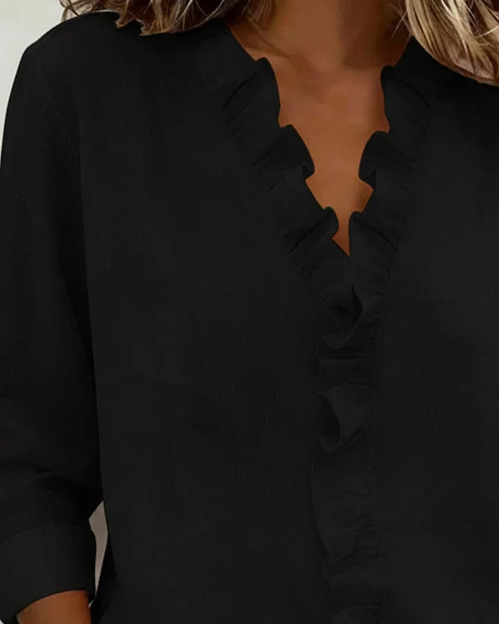 Ruffled V-Neck Blouse with Long Sleeves for Women