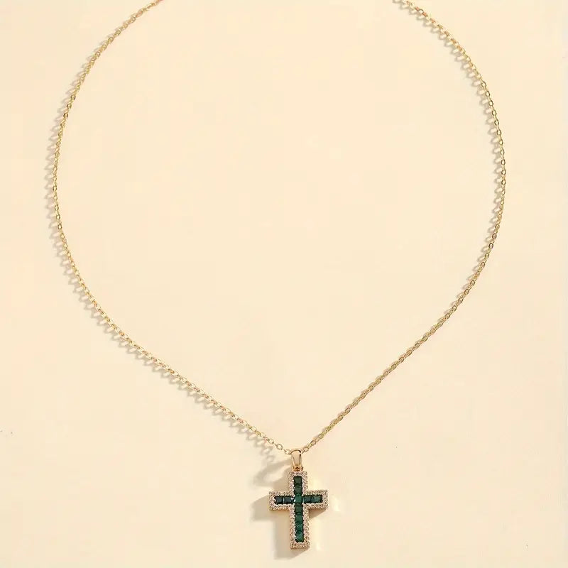 Emerald Cross Pendant Necklace in Gold | Dainty Layering Necklace