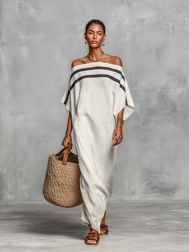 Linen Maxi Dress Off Shoulder Batwing Sleeve Casual