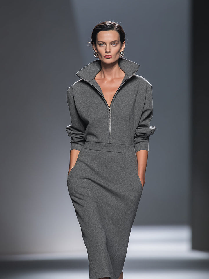 Half Zip Midi Dress Long Sleeve Casual Cotton Blend