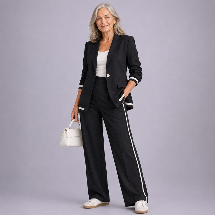 Two Piece Suit Set for Women - Relaxed Blazer & Wide Leg Pants