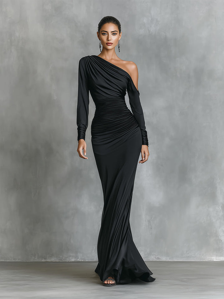 Black One Shoulder Formal Dress - Ruched Satin Mermaid Gown